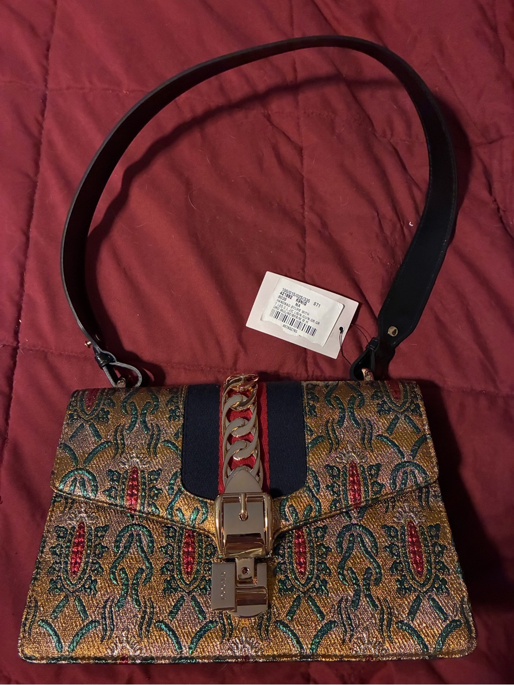 Gucci Gold Multicolor Jacquard Shoulder Bag with Black Strap